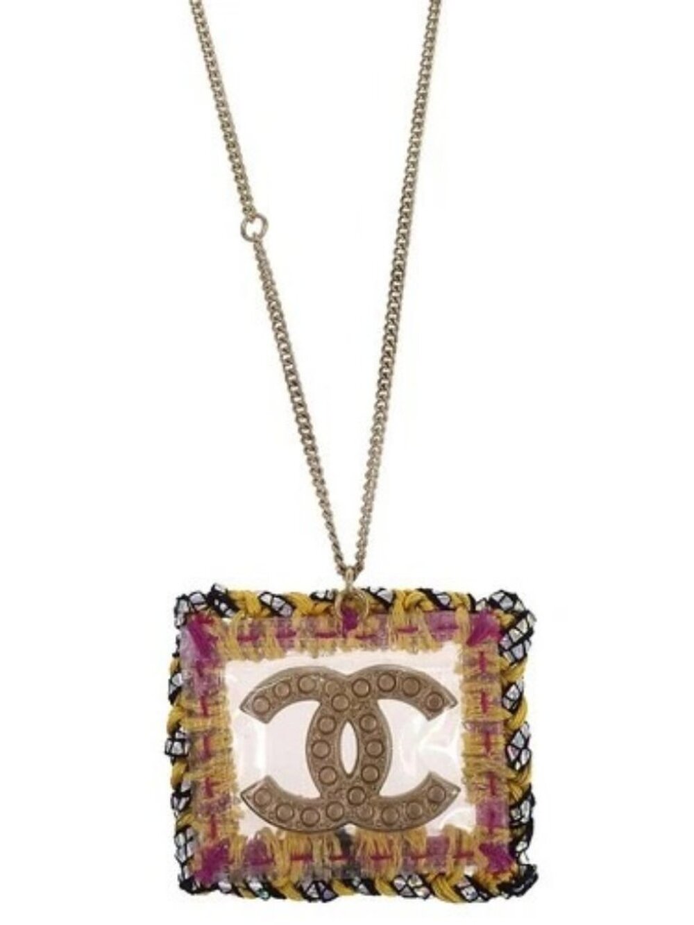 Chanel Charm CC Rectangle Gold Chain Necklace Artificial Pearl A14K 187654
